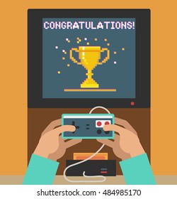 Monitor screen with congratulations retro video game