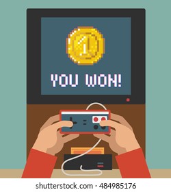 Monitor screen with congratulations retro video game