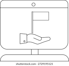 Monitor screen displaying a hand holding a flag rendered as a line drawing