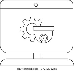 Una pantalla de monitor muestra un icono de equipo y cámara de seguridad delineado en negro contra un fondo blanco