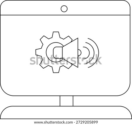 A monitor screen displays a gear speaker and soundwaves a small circle adorns the top
