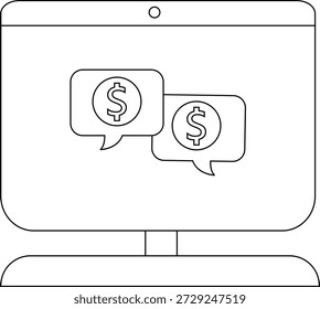 A monitor screen displays two chat bubbles with dollar signs inside them