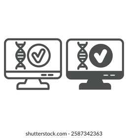 Monitor screen with DNA approval line and solid icon, genetic research concept. Vector graphics. Display DNA chain test sign on white background, outline style icon for mobile or web design