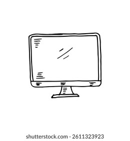 Monitor screen doodle cartoon black outline vector computer tech icon.