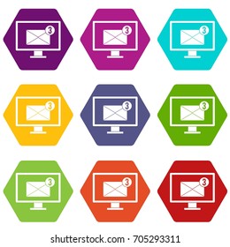 Monitor screen with email sign icon set many color hexahedron isolated on white vector illustration