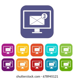 Monitor screen with email sign icons set vector illustration in flat style In colors red, blue, green and other