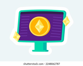 Pantalla de monitor con símbolo etéreo. Criptodivisa y blockchain. Ilustración vectorial en el diseño de pegatinas de dibujos animados