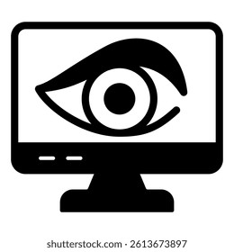 Monitor screen with eye app solid icon, hacker attacks concept. Vector graphics. Display and antivirus, computer sign on white background, glyph style mobile or design