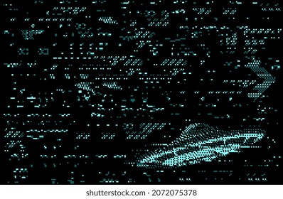 Monitor screen glitch error distortion with UFO or alien flying saucer on abstract background of blue neon digital pixel noise. Vector TV static screen and broken VHS video effect, space technologies