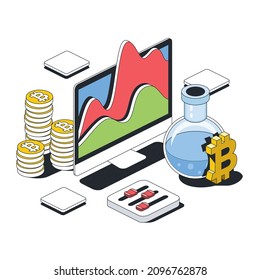 Monitor screen graphics, bitcoin coins, test tube experiments, setting options. Vector 3d line isometric, color web icons, new flat style. Creative illustration, design idea for infographics.