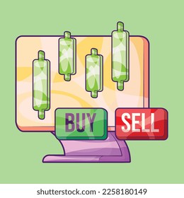 Monitor Screen with Green Candle Stick and Buy Sell Button. Stock Market Trading Illustration
