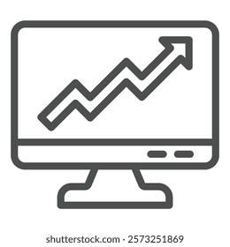 Monitor screen with growth arrow line icon, finance concept. Vector graphics. Display and market grow chart sign on white background, outline style icon for mobile or web design