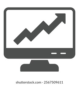 Monitor screen with growth arrow solid icon, finance concept. Vector graphics. Display and market grow chart sign on white background, glyph style icon for mobile or web design