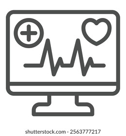 Monitor screen with heart cardiogram line icon, medical service concept. Vector graphics. Display of heartbeat pulse sign on white background, outline style icon for mobile or web design