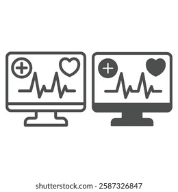 Monitor screen with heart cardiogram line and solid icon, medical service concept. Vector graphics. Display of heartbeat pulse sign on white background, outline style icon for mobile or web design