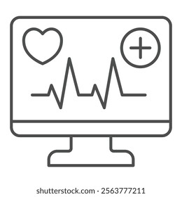 Monitor screen with heart cardiogram thin line icon, medical service concept. Vector graphics. Display of heartbeat pulse sign on white background, outline style icon for mobile or web design