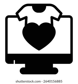 Monitor screen with heart and shirt solid icon, black friday concept. Vector graphics. Favorite page, best clothes sale sign on white background, style mobile or design