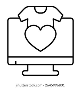 Monitor screen with heart and shirt thin line icon, black friday concept. Vector graphics. Favorite page, best clothes sale sign on white background, style mobile or design