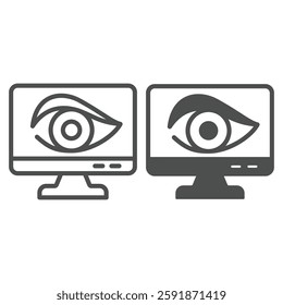 Monitor screen with human eye line and solid icon, hacker attacks concept. Vector graphics. Display and antivirus sign on white background, outline style icon for mobile or web design