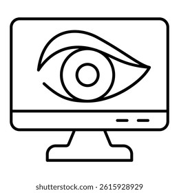 Monitor screen with human eye thin line icon, hacker attacks concept. Vector graphics. Display and antivirus sign on white background, linear style for mobile or design