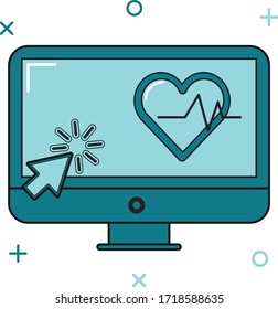monitor or screen icon contains heart with vital signs and mouse pointer vector various shades of blue with white black lines image without background or white background