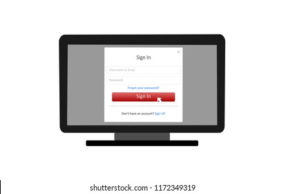 Monitor screen with log in page to access web illustration vector
