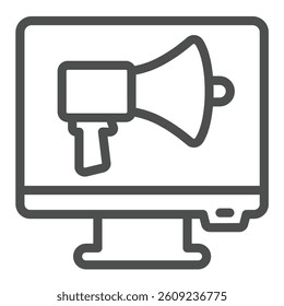 Monitor screen with loudspeaker line icon, design recruitment concept. Vector graphics. Display with marketing research sign on white background, outline style icon for mobile or web design