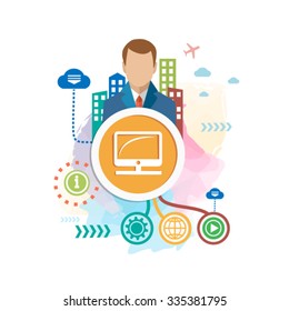 Monitor screen and man on abstract colorful background with different icon and elements. Monitor screen flat design