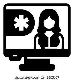 Monitor screen with medical consultant solid icon, pharmacy concept. Vector graphics. Display with woman, tele medicine sign on white background, style mobile or design