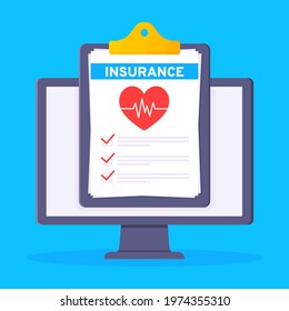 Monitor Screen With Medical Insurance Claim Form On It, Paper Sheets, Pen Flat Style Design Vector Illustration. Concept Of Fill Out Or Online Survey Healthcare Insurance Application Form.