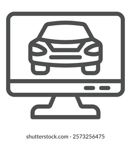 Monitor screen with passenger car line icon, car service concept. Vector graphics. Automobile inspection display sign on white background, outline style icon for mobile or web design