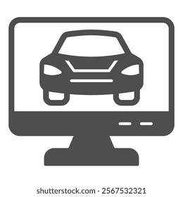 Monitor screen with passenger car solid icon, car service concept. Vector graphics. Automobile inspection display sign on white background, glyph style icon for mobile or web design