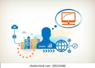 Monitor screen and person with bubbles for dialogue. Think and decide.
