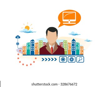 Monitor screen and person with bubbles for dialogue. Think and decide. Concept for business.