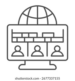 Monitor screen with projects and team thin line icon, performers union concept. Vector graphics. Project display with globe sign on white background, outline style icon for mobile or web design