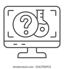 Monitor screen with question mark and flask thin line icon, clinical research concept. Vector graphics. Display with lab experiment sign on white background, outline style icon for mobile or web