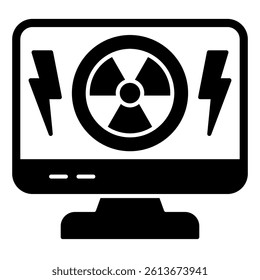 Monitor screen and radiation badge solid icon, atomic energy concept. Vector graphics. Control display, radioactive sign on white background, glyph style mobile or design