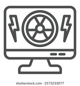 Monitor screen and radiation seal line icon, atomic energy concept. Vector graphics. Display, radioactive and lightning sign on white background, outline style icon for mobile or web design