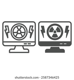 Monitor screen and radiation seal line and solid icon, atomic energy concept. Vector graphics. Display, radioactive and lightning sign on white background, outline style icon for mobile or web design