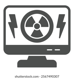 Monitor screen and radiation seal solid icon, atomic energy concept. Vector graphics. Display, radioactive and lightning sign on white background, glyph style icon for mobile or web design