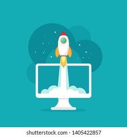 monitor screen with rocket or shuttle flying out. workplace on blue background. freelancer, designer, writer job. Vector flat illustration. Creative work or study. Imagination, inspiration, Fantasy. 