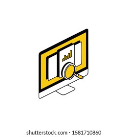 Monitor screen search analytics. Vector line, 3d stroke isometric, color web icon, new flat style. Creative illustration design, abstract idea for infographics.
