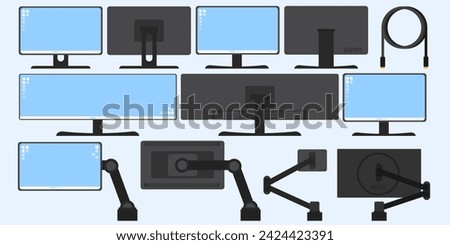 Monitor screen set, Ultra widescreen holder, Monitor screen handle, Desk mount, Front view and back view of monitor screen.