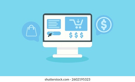 Monitor screen with shopping web view, make lots of money and business. Vector illustration in flat design style
