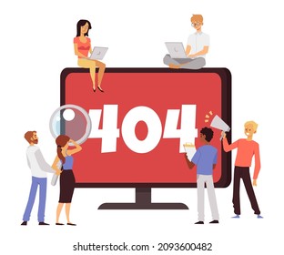 Monitor screen showing 404 page not found error warning. Vector illustration of men and women sitting and standing near big alert 404 on monitor, working on laptops trying to fix technology problem.