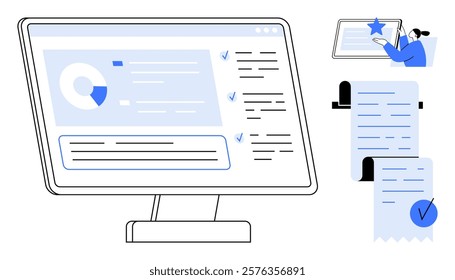 Monitor screen showing data analytics and task management with checklists and pie chart. Person checking details on responsive device. Ideal for productivity, efficiency, digital tools, data