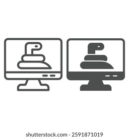 Monitor screen and snake line and solid icon, hacker attacks concept. Vector graphics. Display with worm virus sign on white background, outline style icon for mobile or web design