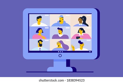 Monitor screen. Stream, web chatting, online meeting. Group of people talking by internet. Conference video call. Coronavirus, quarantine isolation.Flat vector illustration.