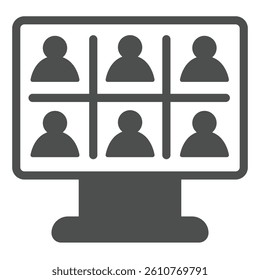 Monitor screen with team conference solid icon, remote work concept. Vector graphics. Display of online meeting sign on white background, glyph style icon for mobile or web design
