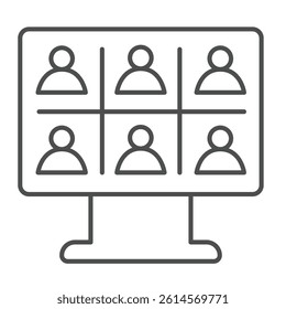 Monitor screen with team conference thin line icon, remote work concept. Vector graphics. Display of online meeting sign on white background, linear style icon for mobile or web design